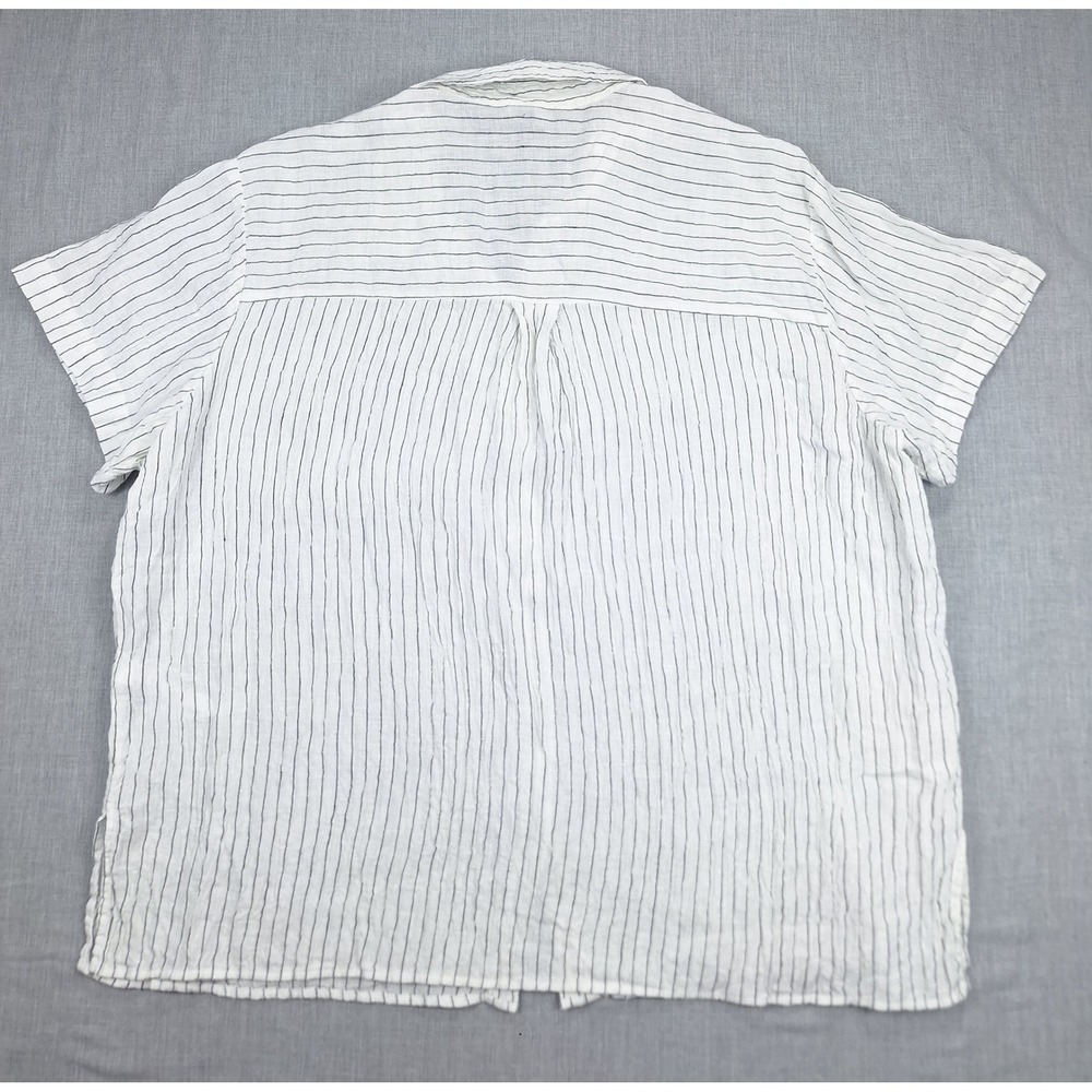 Eileen Fisher 1X Puckered Pinstripe 100% Organic Linen Short Sleeve Top - Picture 2 of 6